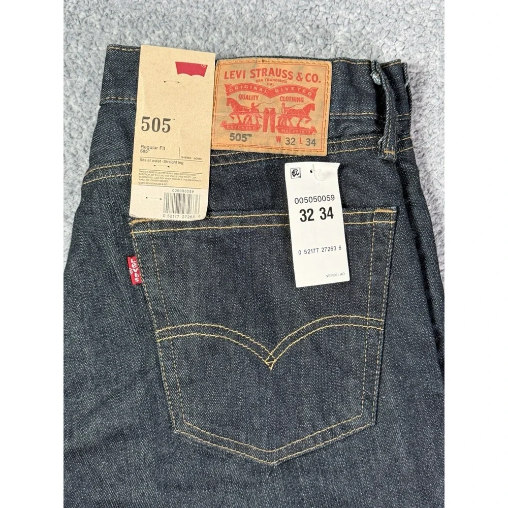 NWT Levi's Men's 505 Regular Fit Jeans Tumbled Rigid 32x34 Dark Wash Indigo